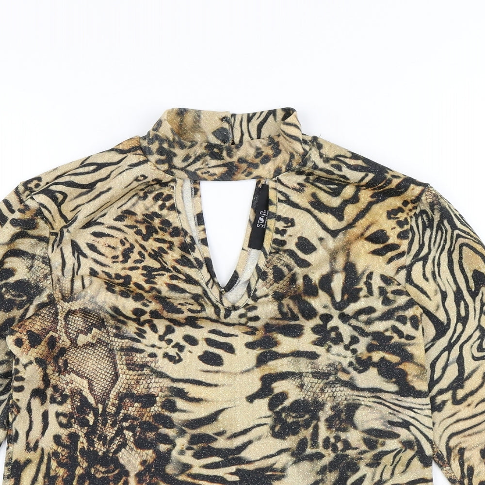 Julien Macdonald Womens Yellow Animal Print Polyester Basic Blouse Size 12 High Neck - Leopard Print