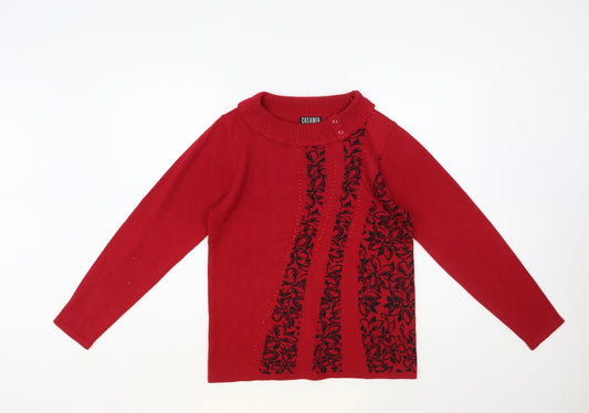 Casamia Womens Red Roll Neck Floral Acrylic Pullover Jumper Size S
