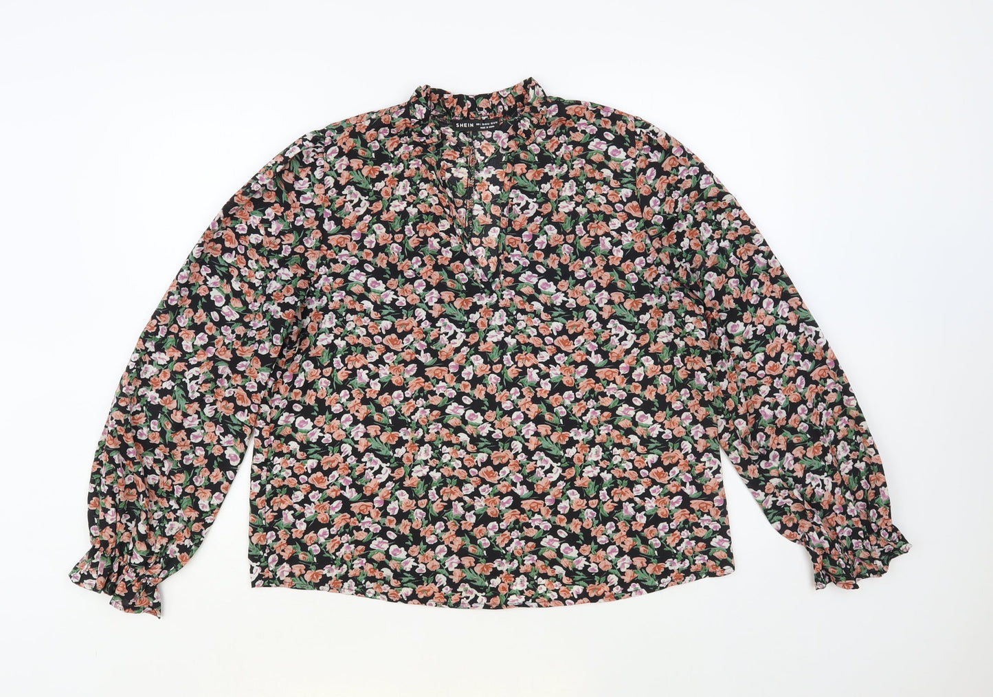 SheIn Womens Black Floral Polyester Basic Blouse Size L V-Neck