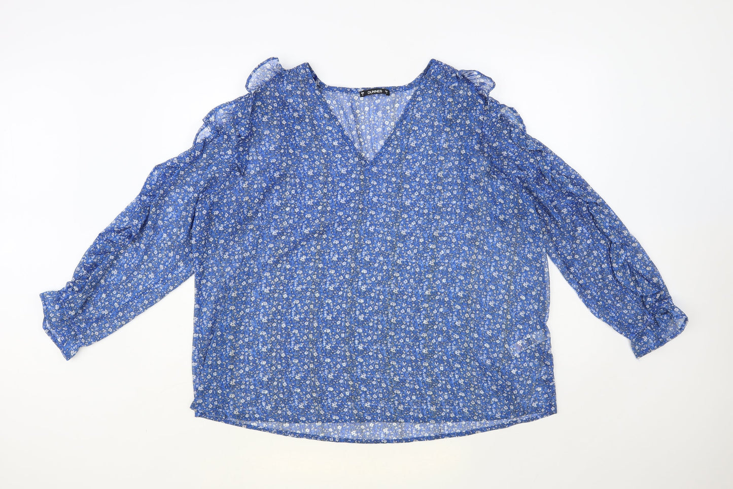 Dunnes Stores Womens Blue Floral Polyester Basic Blouse Size XL V-Neck