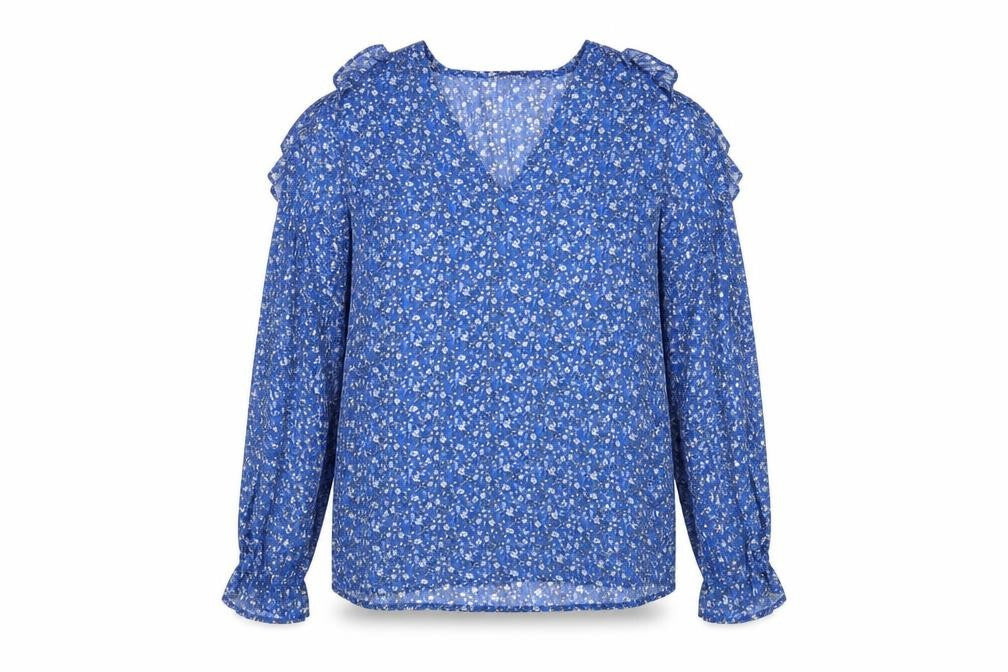 Dunnes Stores Womens Blue Floral Polyester Basic Blouse Size XL V-Neck