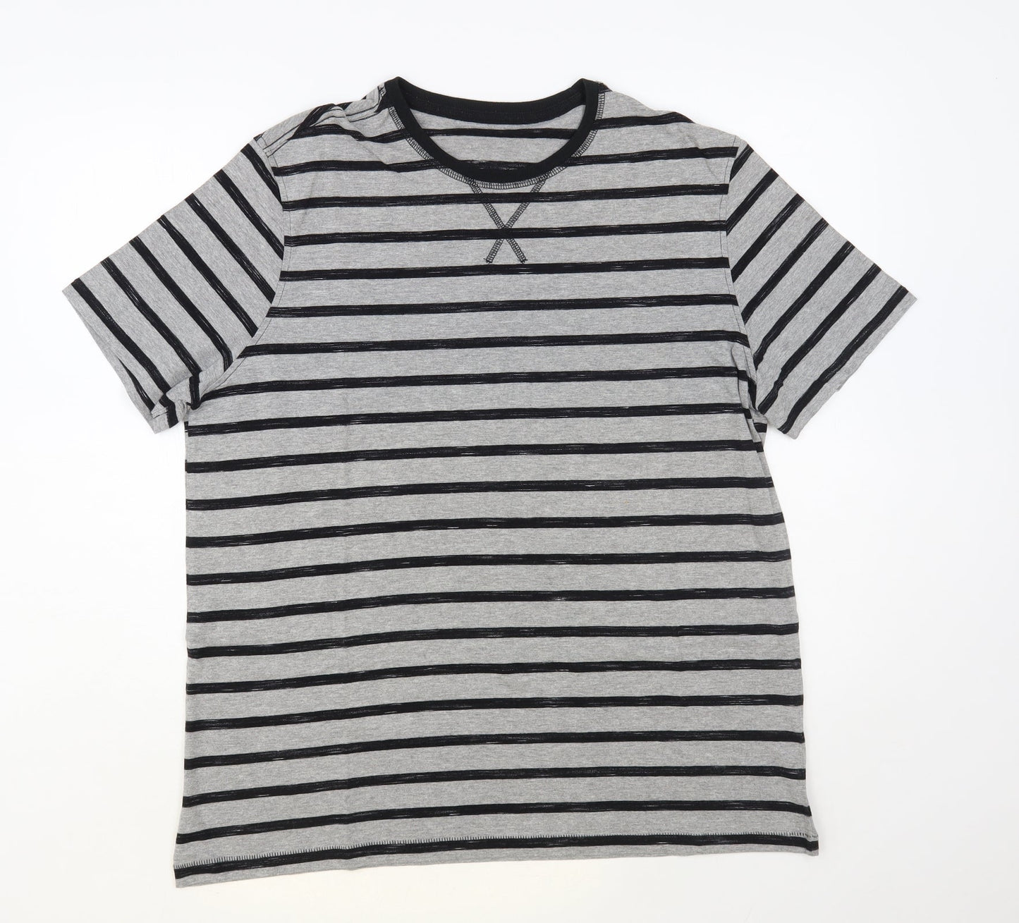 George Mens Grey Striped Cotton T-Shirt Size XL Crew Neck
