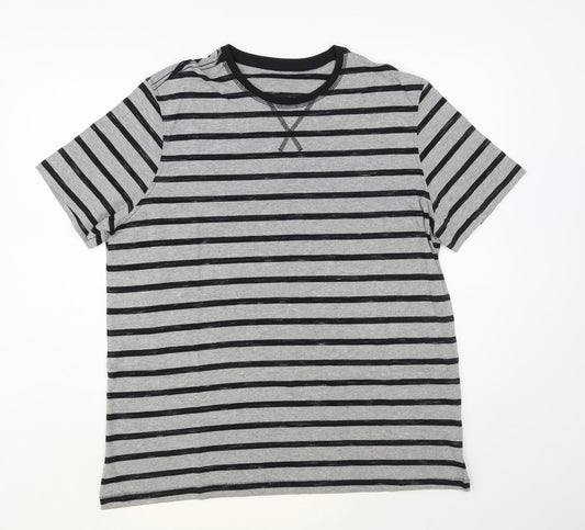 George Mens Grey Striped Cotton T-Shirt Size XL Crew Neck