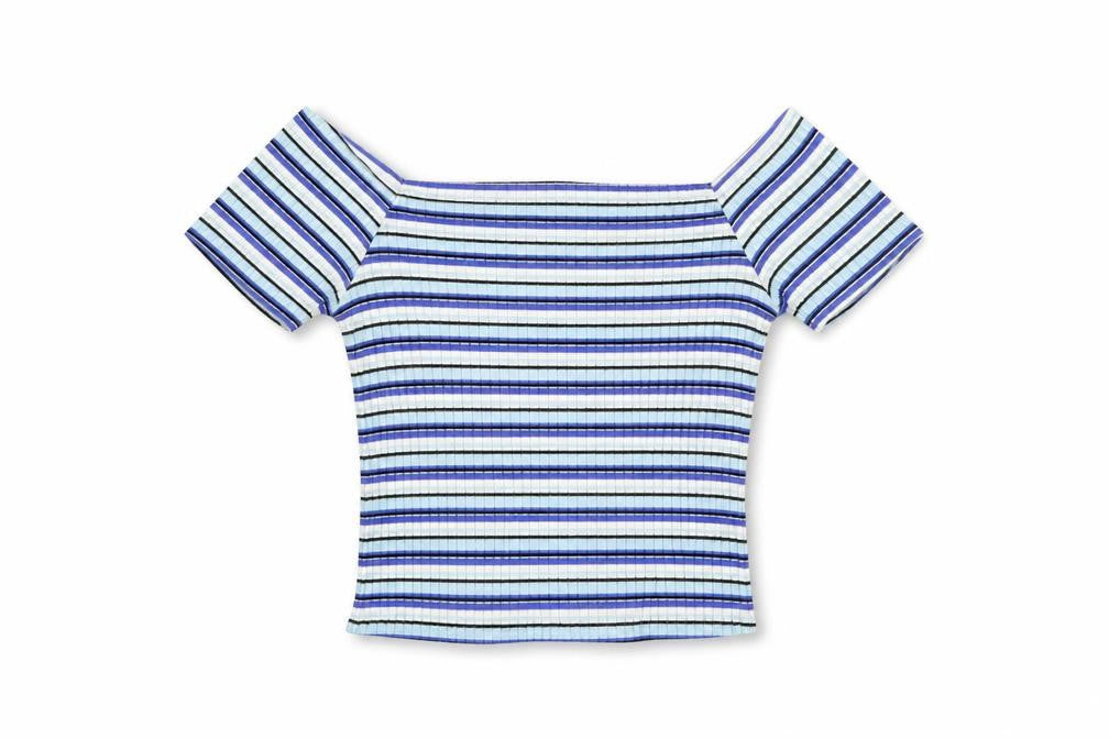 Miss Selfridge Womens Blue Striped Viscose Cropped T-Shirt Size 6 Off the Shoulder