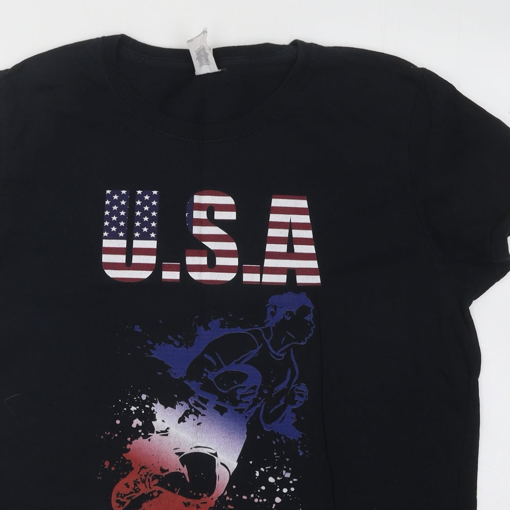 Gildan Mens Black Cotton T-Shirt Size L Round Neck - USA Rugby