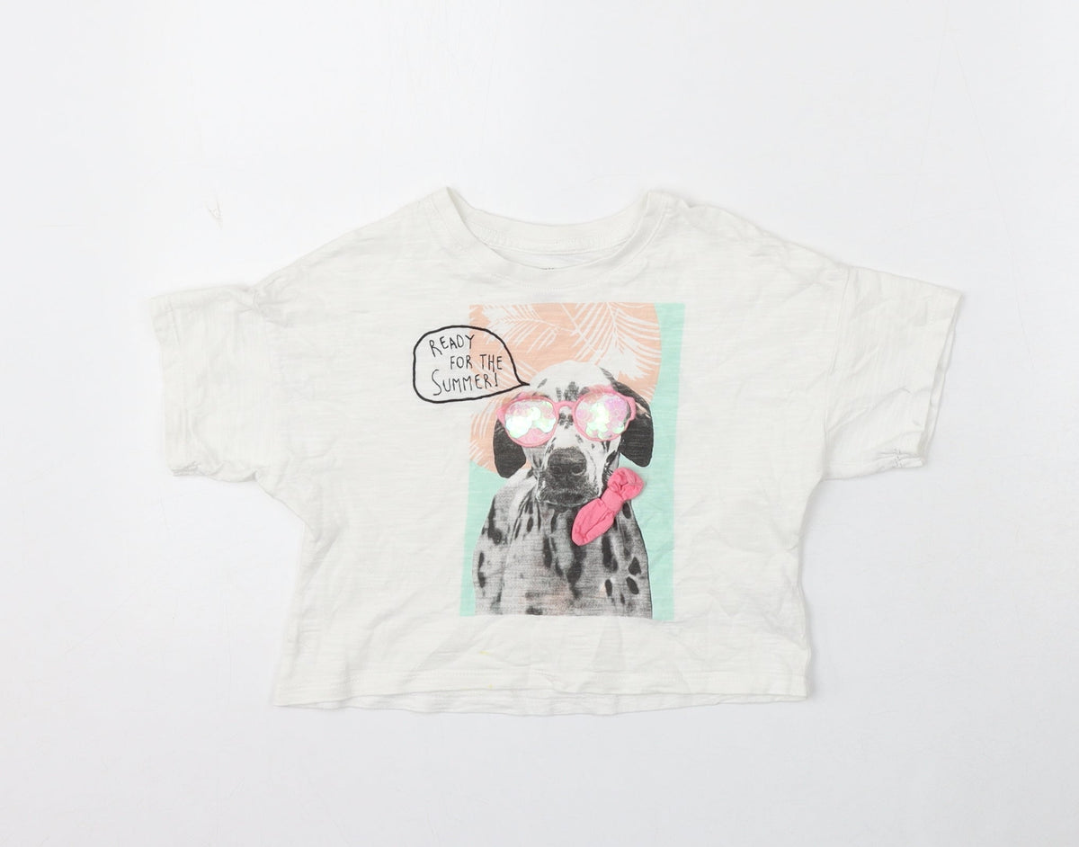F&F Girls White Cotton Basic T-Shirt Size 5-6 Years Round Neck - Ready For The Summer