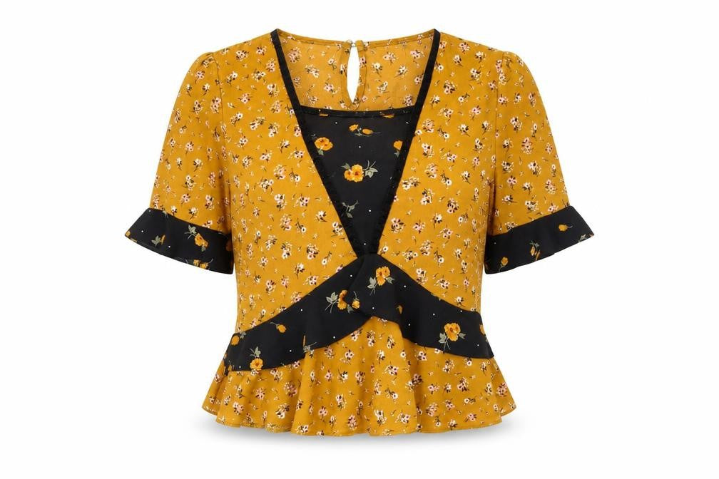 Primark Womens Yellow Floral Polyester Basic Blouse Size 10 Round Neck