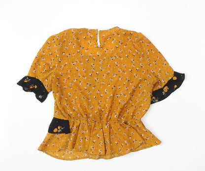 Primark Womens Yellow Floral Polyester Basic Blouse Size 10 Round Neck