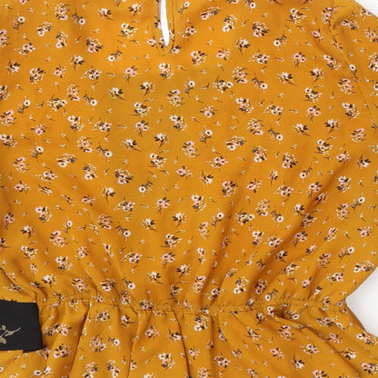 Primark Womens Yellow Floral Polyester Basic Blouse Size 10 Round Neck