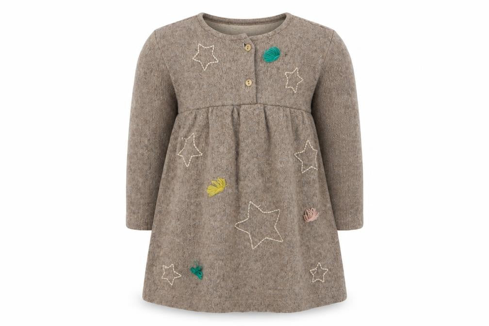 Zara Girls Beige Cotton Jumper Dress Size 24 Months Round Neck Button - Stars