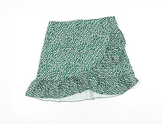 Preworn Womens Green Floral Polyester Skater Skirt Size 30 in Zip