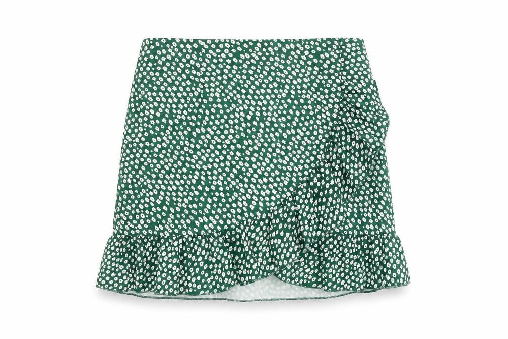 Preworn Womens Green Floral Polyester Skater Skirt Size 30 in Zip