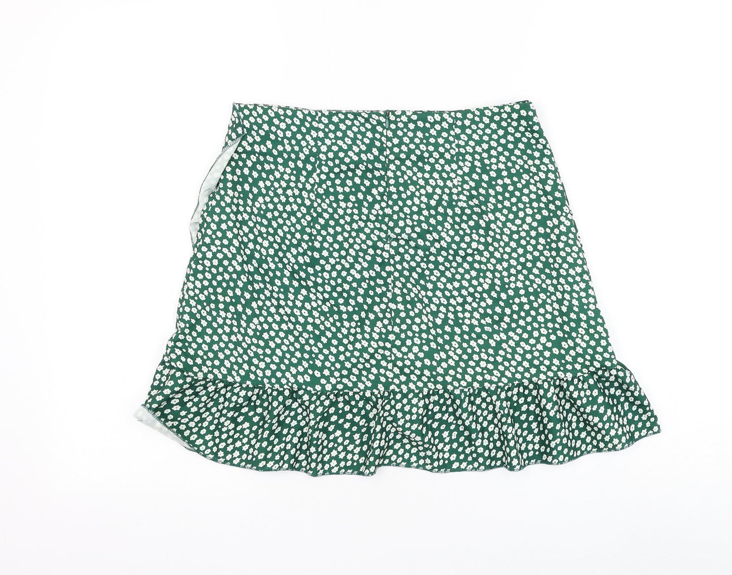 Preworn Womens Green Floral Polyester Skater Skirt Size 30 in Zip