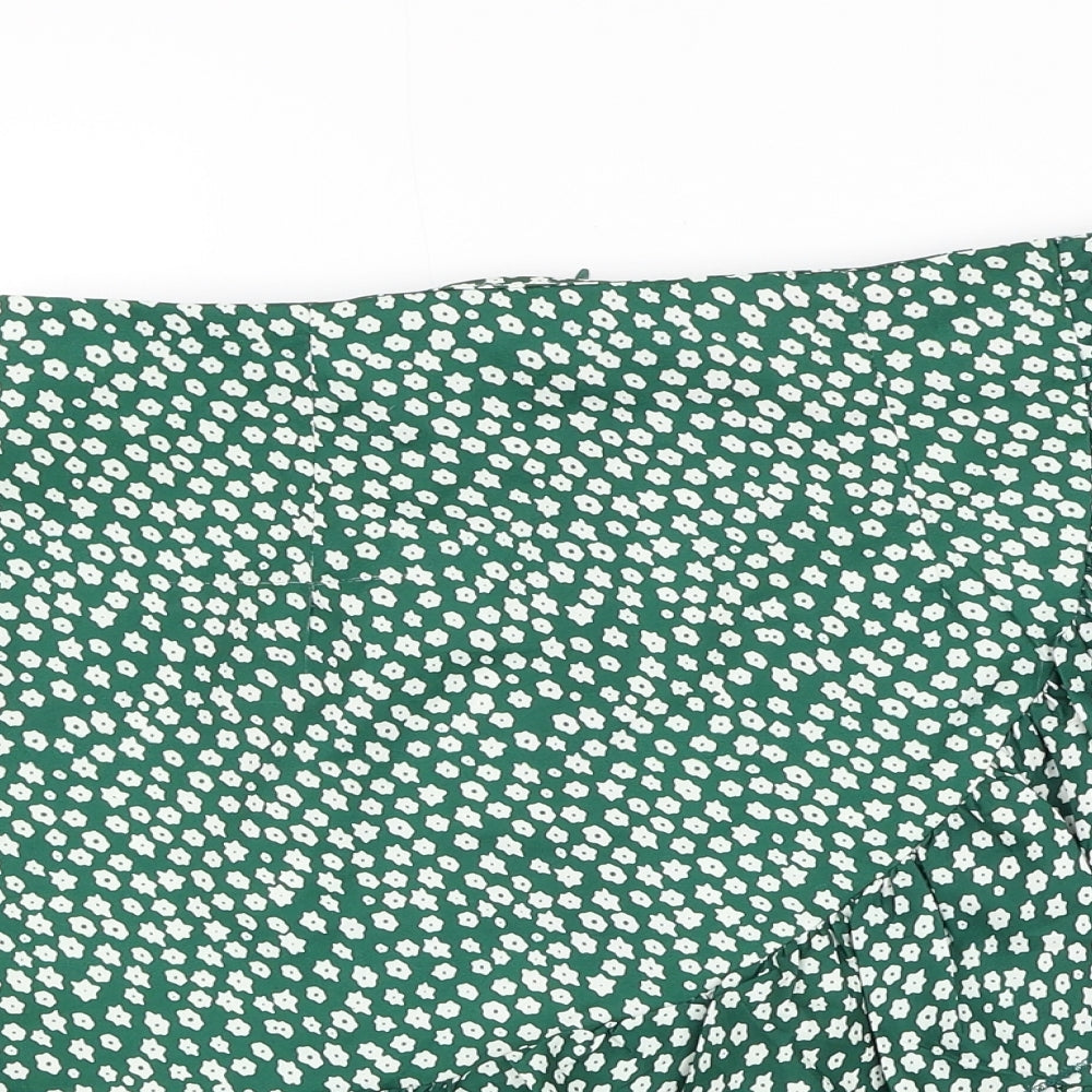 Preworn Womens Green Floral Polyester Skater Skirt Size 30 in Zip