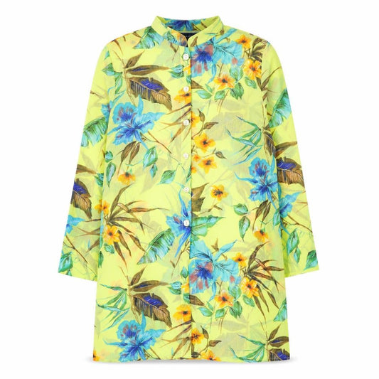 Susan Graver Womens Yellow Floral Polyester Shirt Dress Size M Round Neck Button