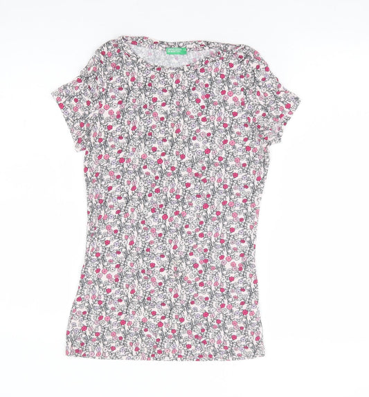 United Colors of Benetton Womens Multicoloured Floral Viscose Basic T-Shirt Size XS Round Neck