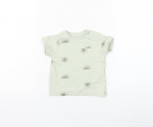 Primark Boys Green Geometric Cotton Basic T-Shirt Size 6-9 Months Round Neck Button - Sun