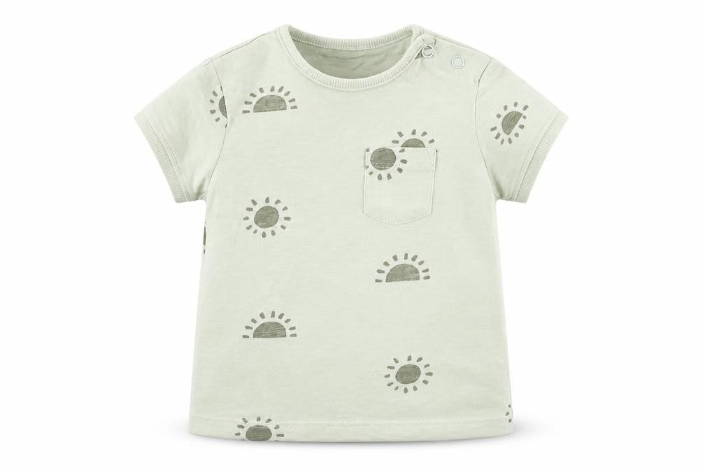 Primark Boys Green Geometric Cotton Basic T-Shirt Size 6-9 Months Round Neck Button - Sun