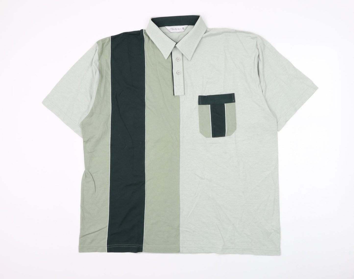 Berkertex Mens Green Colourblock Cotton Polo Size XL Collared Button