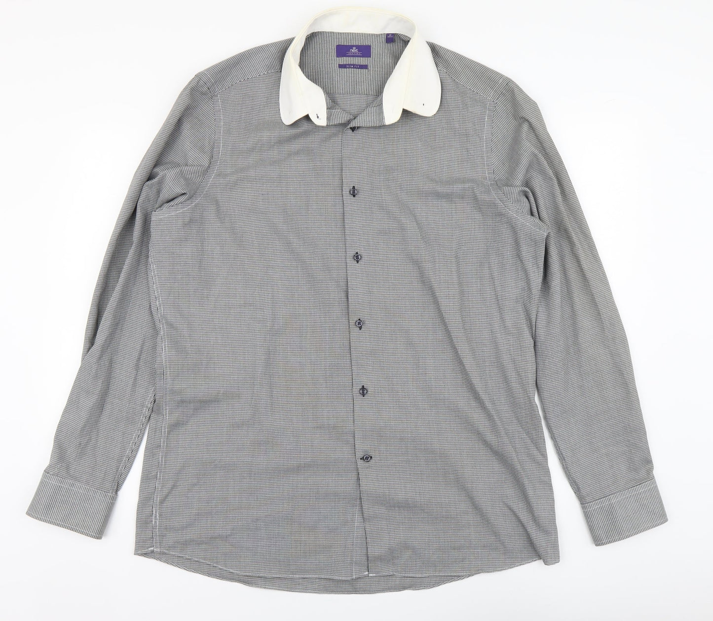 NEXT Mens Black Herringbone Polyester Button-Up Size 17 Collared Button