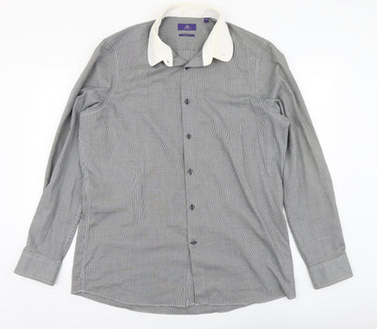 Next Mens Black Herringbone Polyester Button-Up Size 17 Collared Button