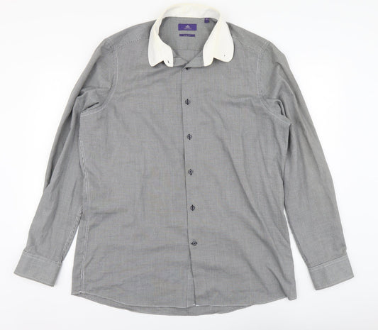 NEXT Mens Black Herringbone Polyester Button-Up Size 17 Collared Button