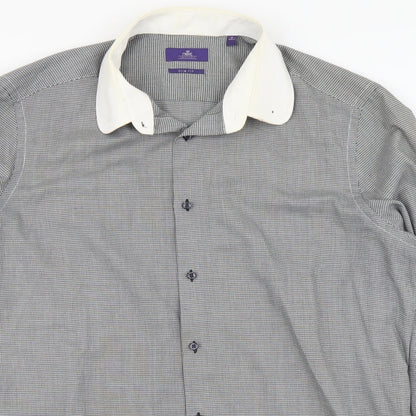 Next Mens Black Herringbone Polyester Button-Up Size 17 Collared Button