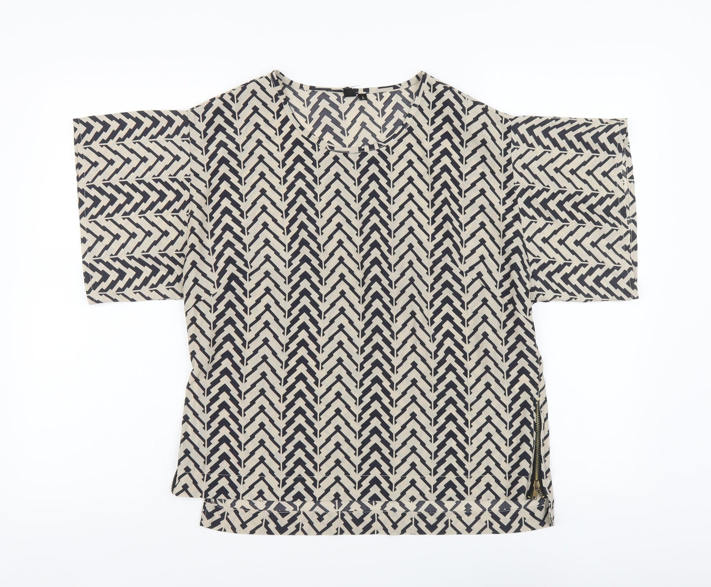 Quiz Womens Beige Geometric Polyester Basic Blouse Size 8 Round Neck