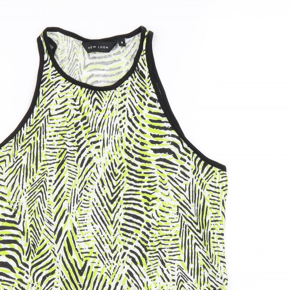 New Look Womens Green Geometric Cotton Basic Tank Size 8 Round Neck