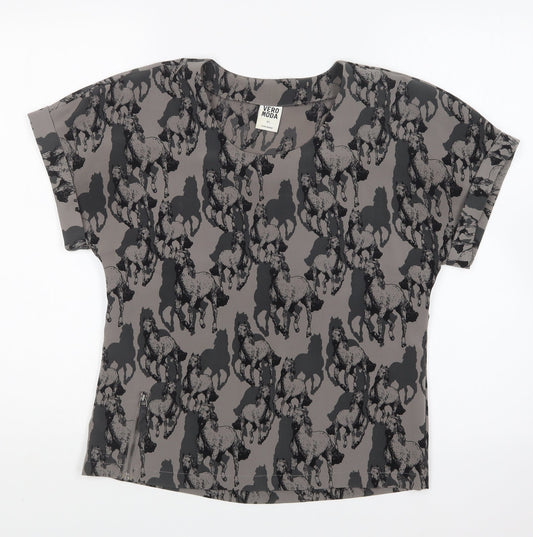 VERO MODA Womens Grey Geometric Polyester Basic Blouse Size XS Round Neck - Horses