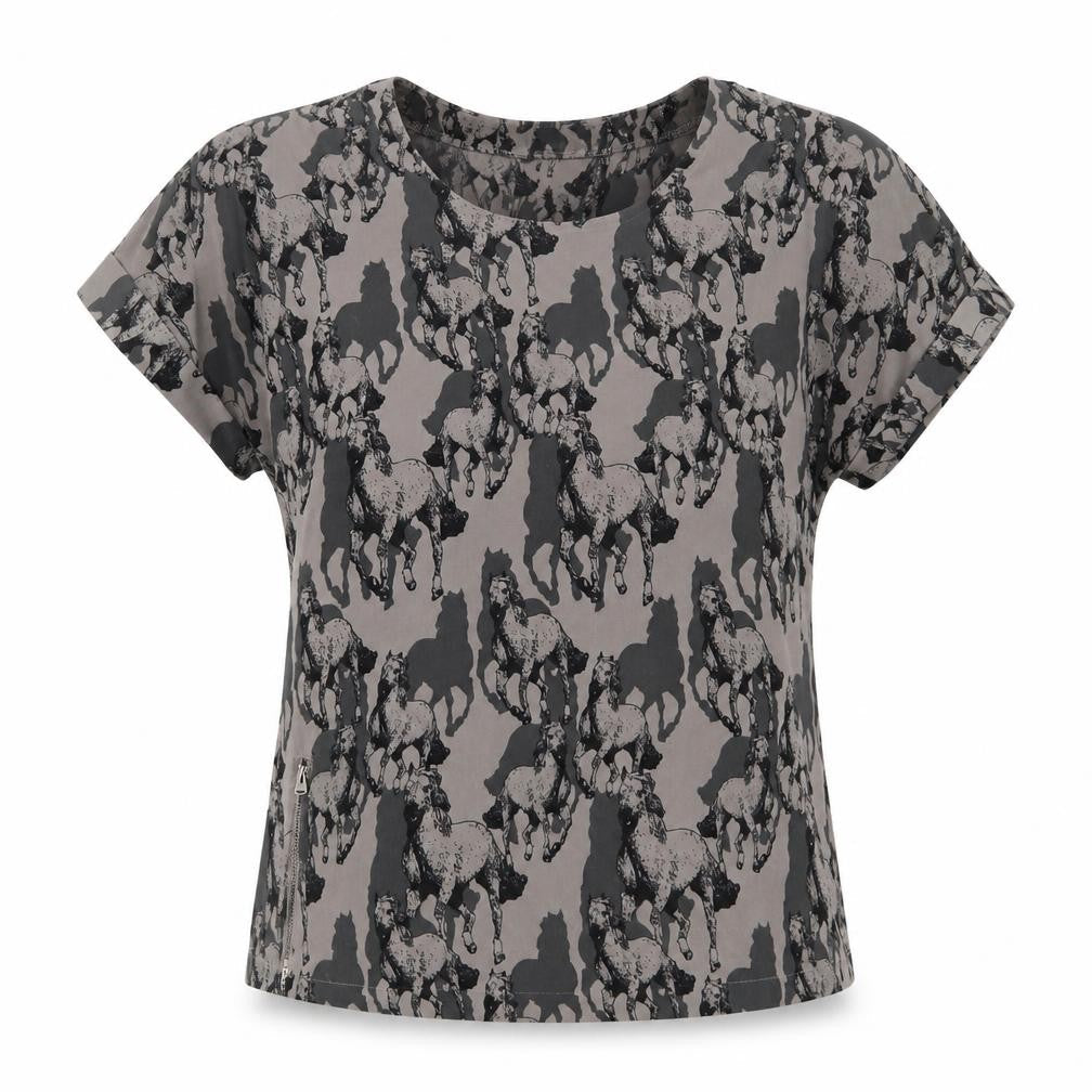 VERO MODA Womens Grey Geometric Polyester Basic Blouse Size XS Round Neck - Horses