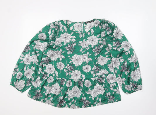 Dunnes Stores Womens Green Floral Polyester Basic Blouse Size M Round Neck - Peplum Top