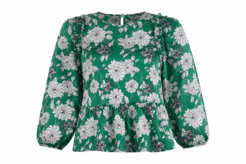 Dunnes Stores Womens Green Floral Polyester Basic Blouse Size M Round Neck - Peplum Top