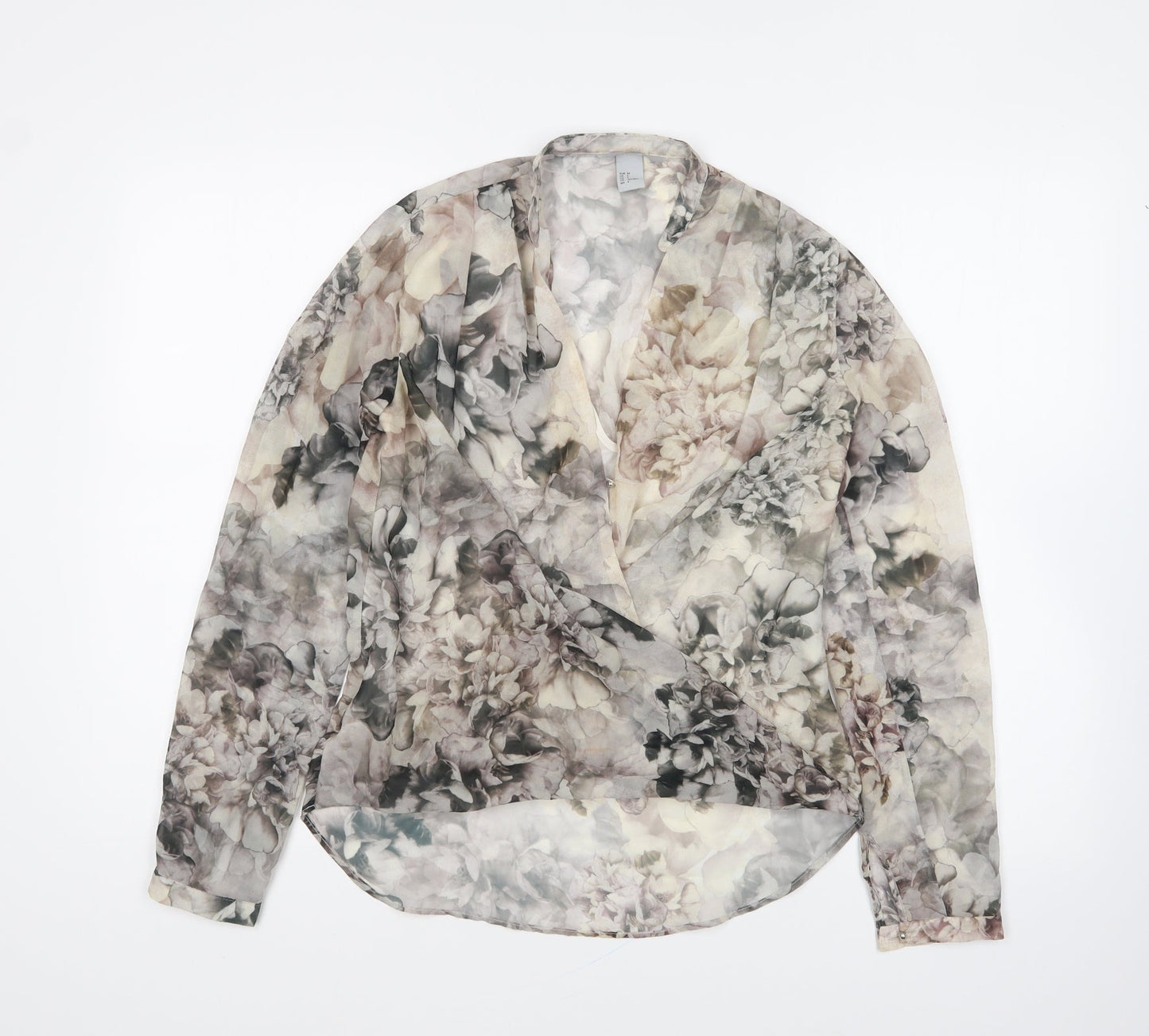 H&M Womens Grey Floral Polyester Basic Blouse Size 6 V-Neck