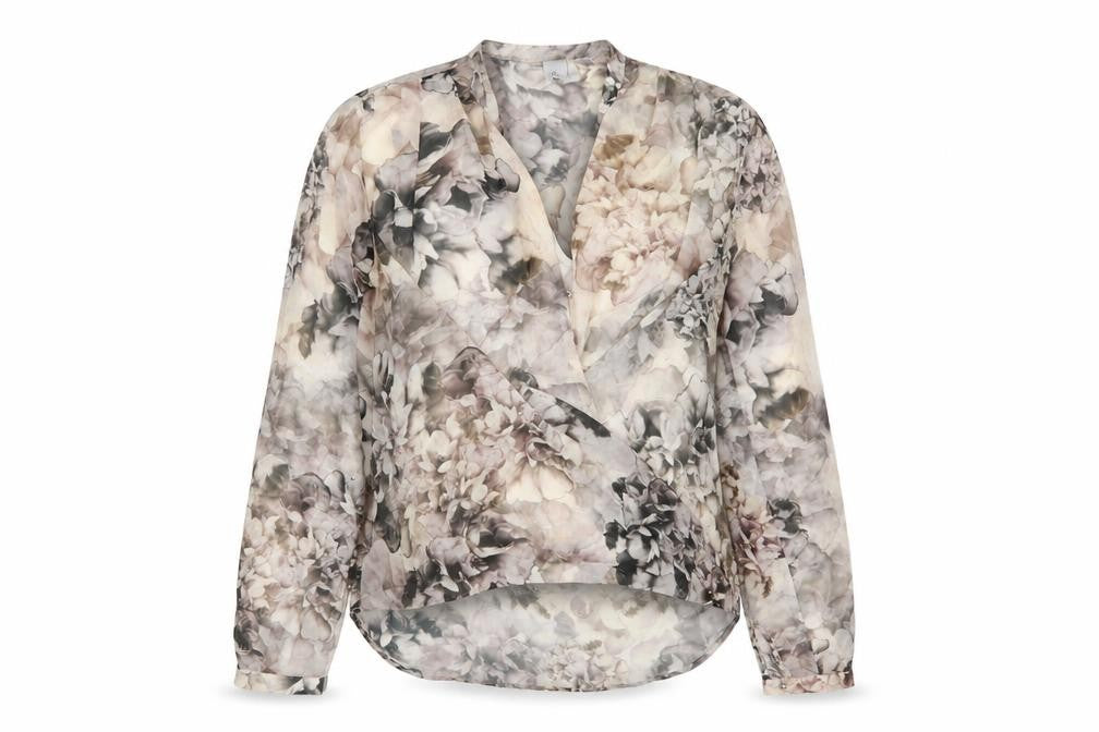 H&M Womens Grey Floral Polyester Basic Blouse Size 6 V-Neck