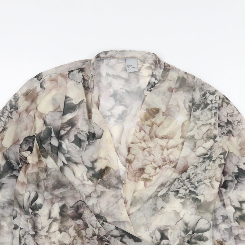H&M Womens Grey Floral Polyester Basic Blouse Size 6 V-Neck