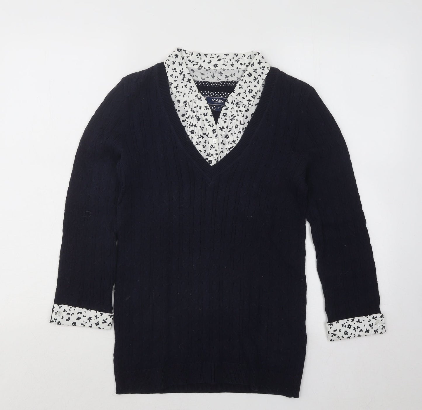 Maine Womens Blue Collared Geometric Cotton Pullover Jumper Size 10