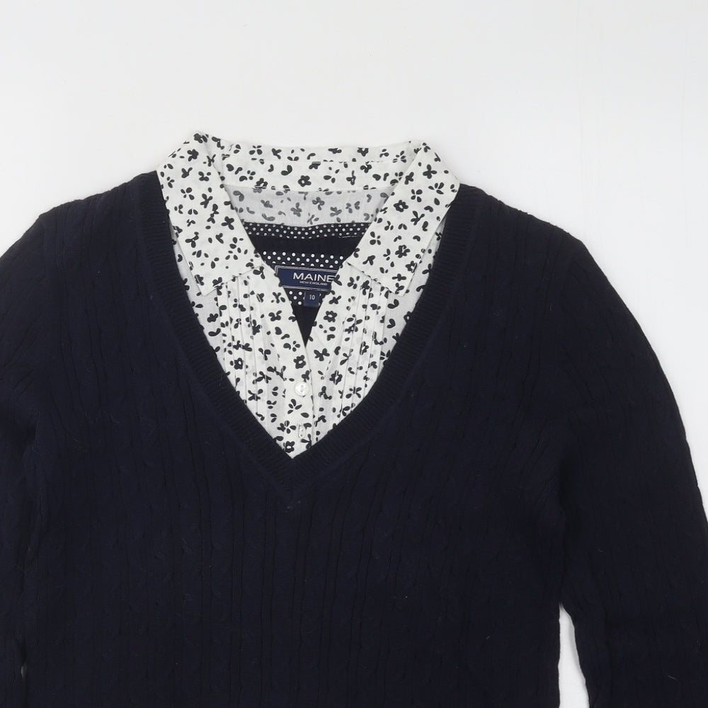 Maine Womens Blue Collared Geometric Cotton Pullover Jumper Size 10