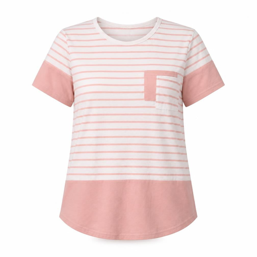 SheIn Womens Pink Striped Polyester Basic T-Shirt Size M Round Neck