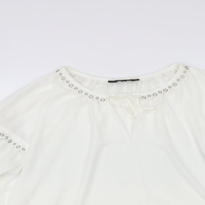 Preloved Envy Womens White Polyester Basic Blouse Size XL V-Neck - Embellished Neckline - Detail