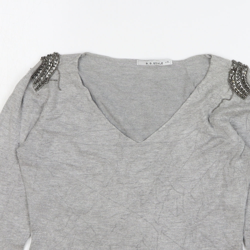 D.D. Style Womens Grey V-Neck Viscose Pullover Jumper Size L