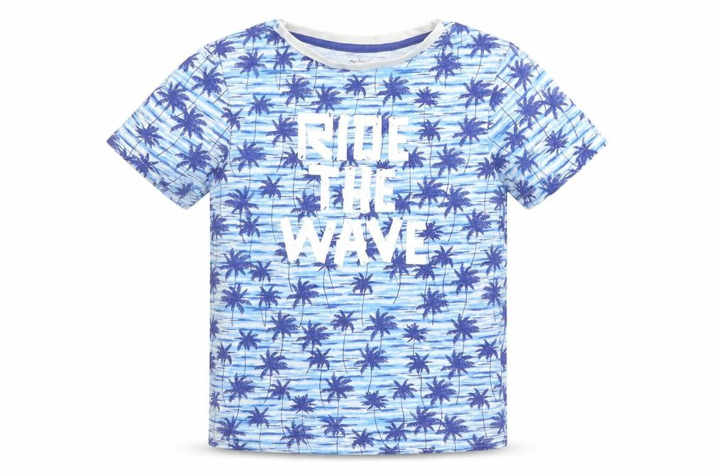 Peacocks Boys Blue Geometric Cotton Basic T-Shirt Size 10-11 Years Round Neck Pullover - Ride the wave