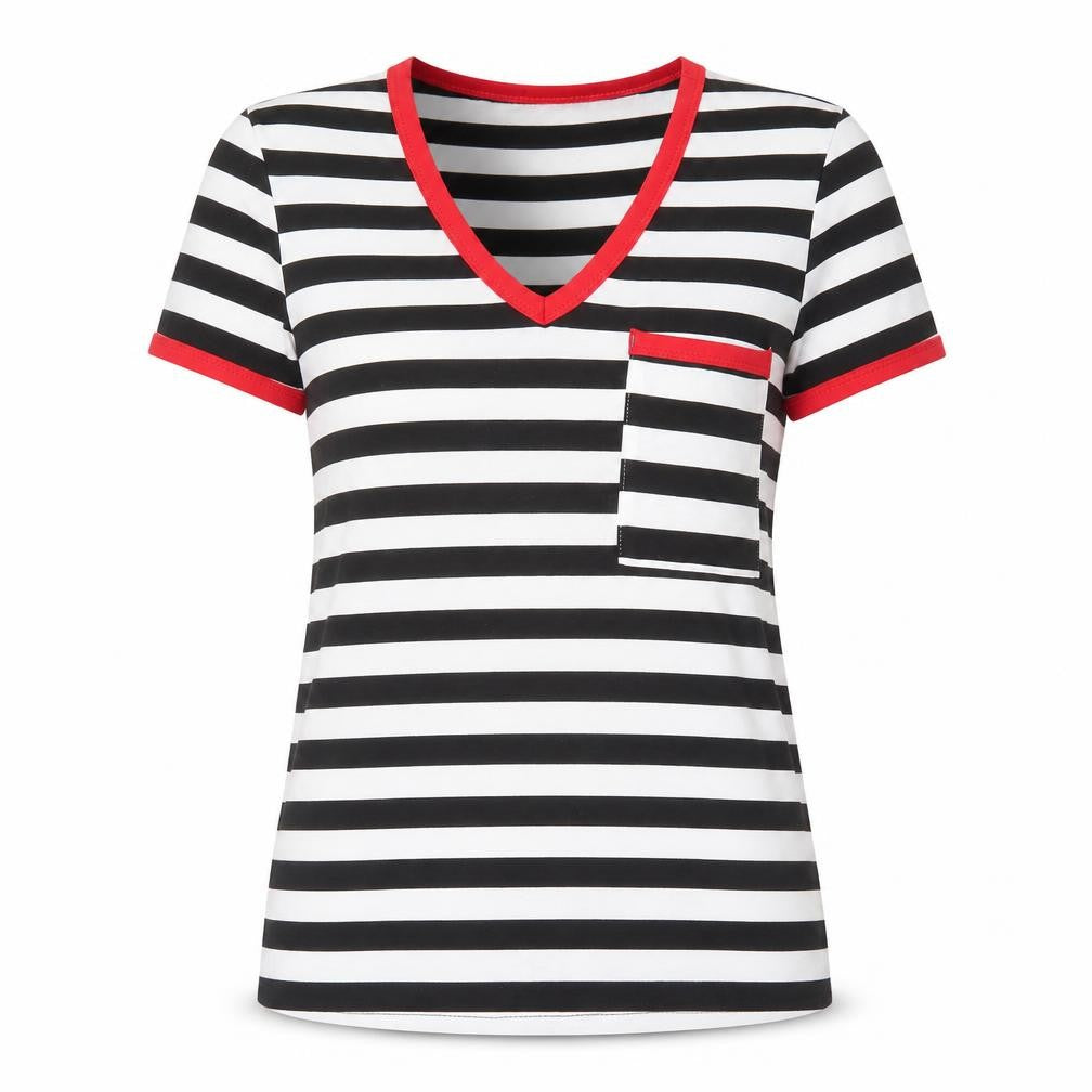 SheIn Womens Black Striped Polyester Basic T-Shirt Size S V-Neck - Contrast Trim