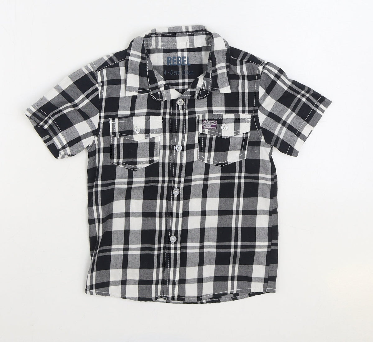 Rebel Boys Black Plaid 100% Cotton Basic Button-Up Size 4-5 Years Collared Button