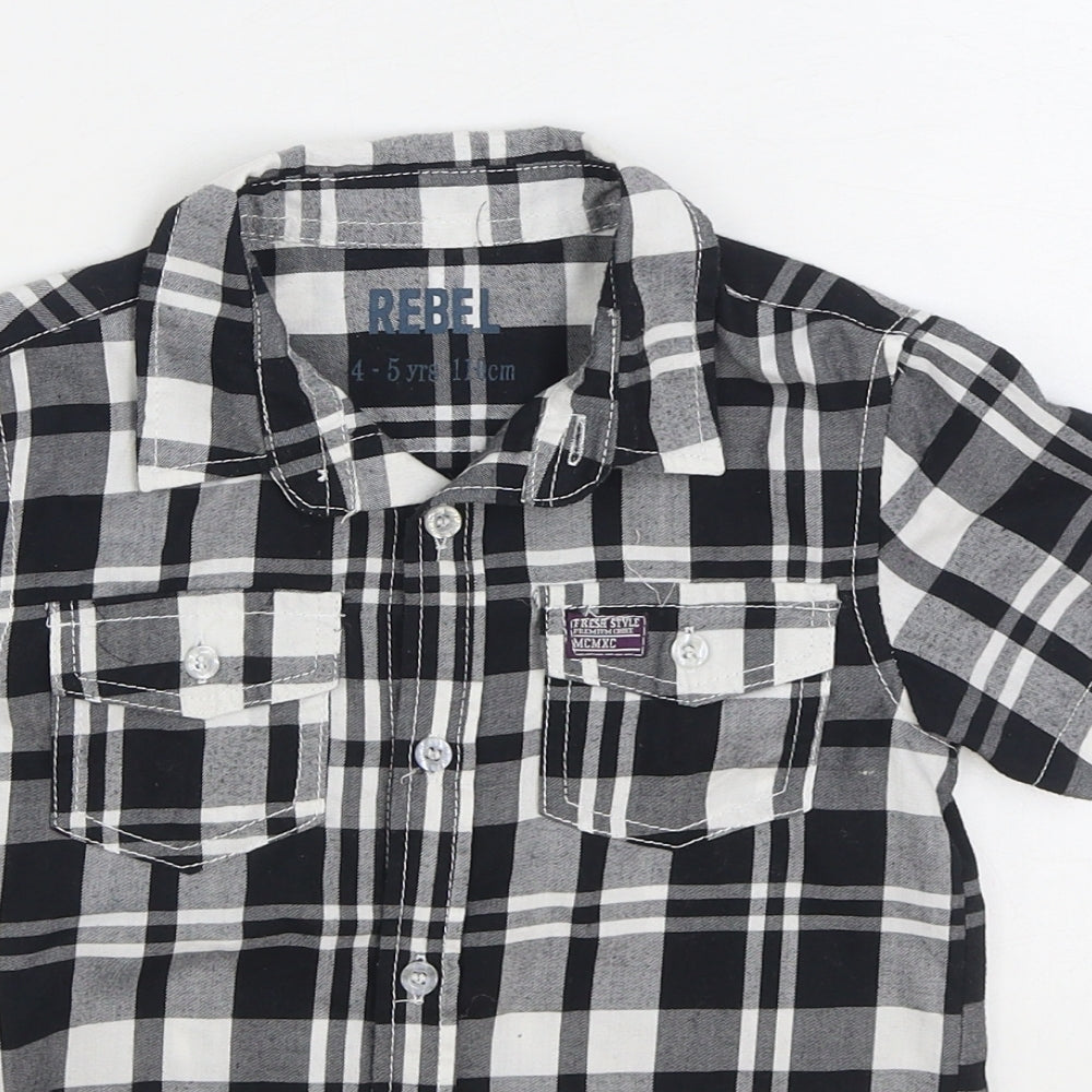 Rebel Boys Black Plaid 100% Cotton Basic Button-Up Size 4-5 Years Collared Button