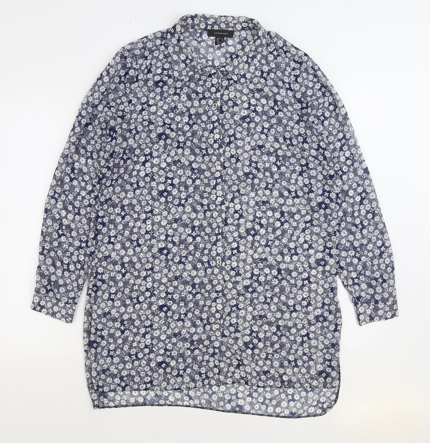 Atmosphere Womens Blue Floral Polyester Basic Button-Up Size 14 Collared