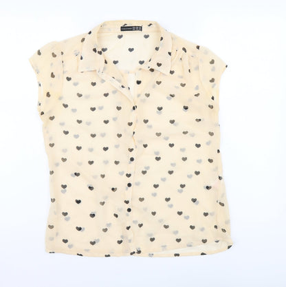 Atmosphere Womens Beige Geometric Polyester Basic Button-Up Size 12 Collared - Hearts pattern
