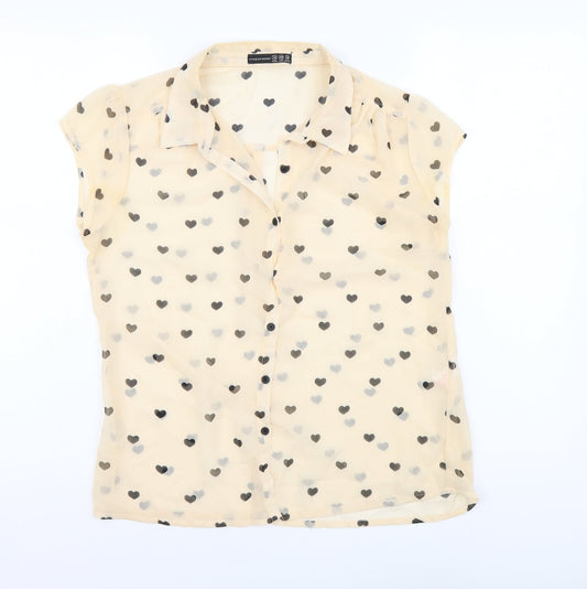 Atmosphere Womens Beige Geometric Polyester Basic Button-Up Size 12 Collared - Hearts pattern