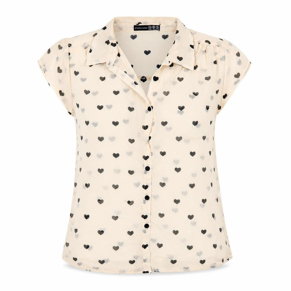 Atmosphere Womens Beige Geometric Polyester Basic Button-Up Size 12 Collared - Hearts pattern