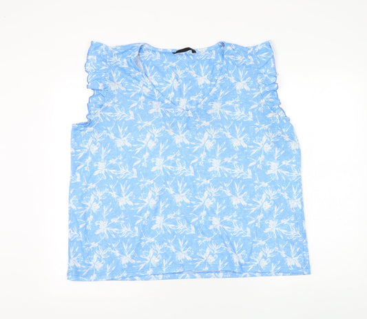 Dunnes Stores Womens Blue Floral Polyester Basic T-Shirt Size XL V-Neck